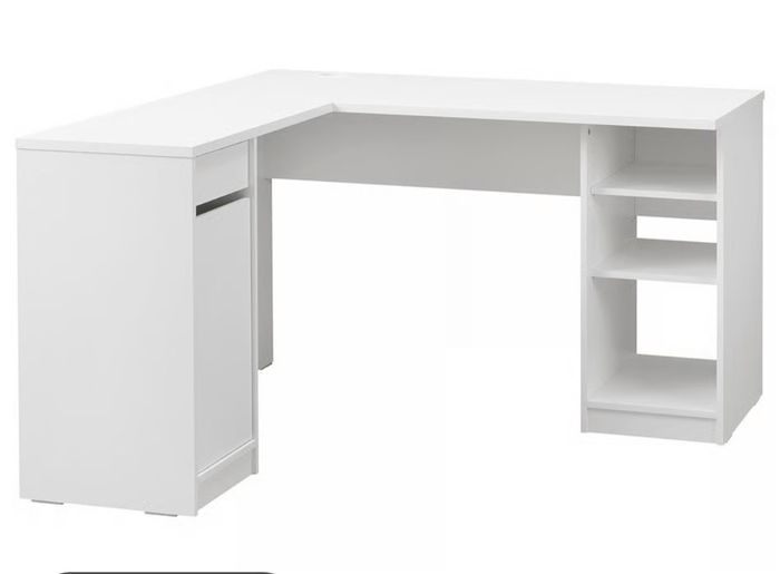 White corner desk with shelving