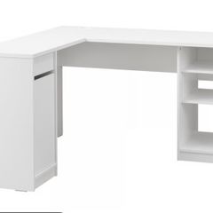 White corner desk with shelving