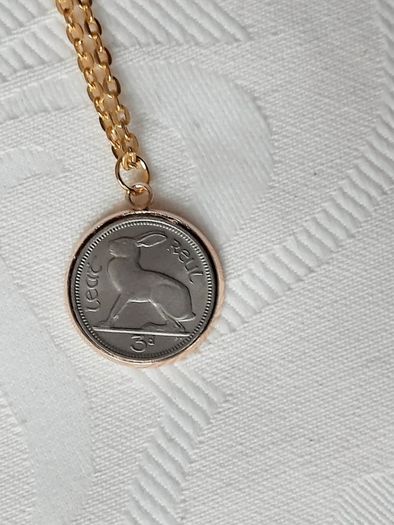 Old Irish threepence coins hare and harp in a gold coloured pendant necklace with FREE STANDARD POSTAGE INCLUDED