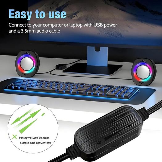 USB Wired Computer Speakers for Desktop PC  2.0 Wired Speaker for Monitor, Powered PC Speakers with 3.5mm JackBlack