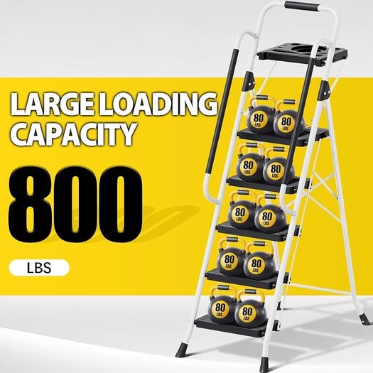 Folding 5-Step Ladder, 800 lbs Capacity Step Stool with Safety Lock, Tool Tray, Non-Skid Wide Steps, Handrail, Household Ladder for Home, Garden, Painting, Outdoor, and Garage Use, White
