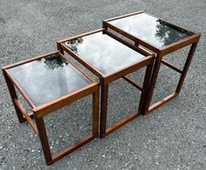 Vintage Danish Nesting Tables in Teak with Smoked Glass Tops c1960