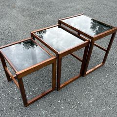 Vintage Danish Nesting Tables in Teak with Smoked Glass Tops c1960