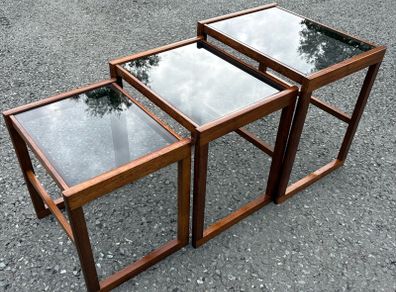 Vintage Danish Nesting Tables in Teak with Smoked Glass Tops c1960