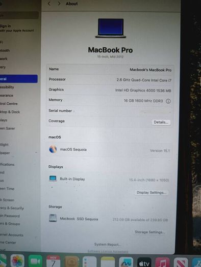 MacBook pro 16GB memory, 15 inch screen, 256GB SSD storage . Sequoia IOS 15.1  power supply 85 watts   . Video card Intel 4000 HD 2.6 Ghz CPU quad core