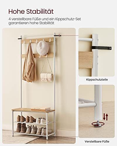 Vintage Coat Rack Stand with Seat 3 Shelves Gold Oak
