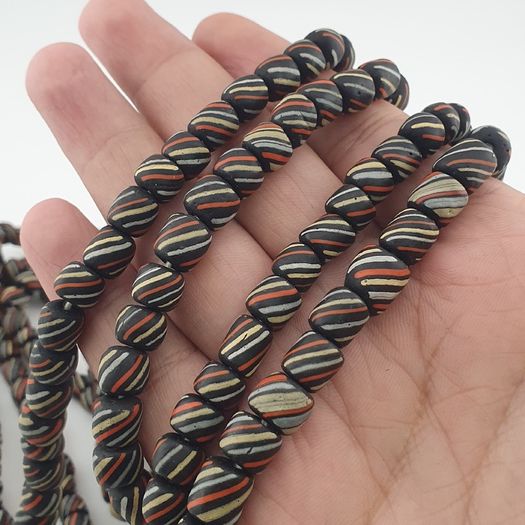 Vintage African Style MultiColor Stripe Black 7mm-8mm Glass Beads Necklace Strand