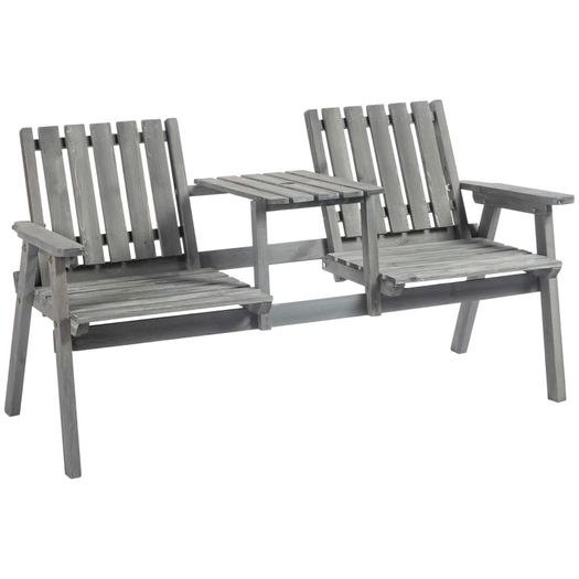 2-Seater Wooden Garden Furniture Bench - Antique Loveseat Chair and Table Conversation Set for Yard, Lawn, Porch, Patio, Grey
