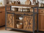 Kitchen cabinet Grey Vintage Brown  sideboard, side cabinet, kitchen cabinet with open shelves, hall cabinet, chest of drawers with louvre doors, living room, dining room, office, hallway, industrial design