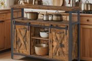 Kitchen cabinet Grey Vintage Brown  sideboard, side cabinet, kitchen cabinet with open shelves, hall cabinet, chest of drawers with louvre doors, living room, dining room, office, hallway, industrial design