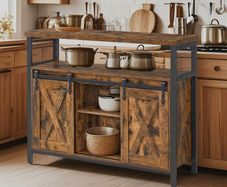 Kitchen cabinet Grey Vintage Brown  sideboard, side cabinet, kitchen cabinet with open shelves, hall cabinet, chest of drawers with louvre doors, living room, dining room, office, hallway, industrial design