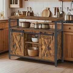 Kitchen cabinet Grey Vintage Brown  sideboard, side cabinet, kitchen cabinet with open shelves, hall cabinet, chest of drawers with louvre doors, living room, dining room, office, hallway, industrial design