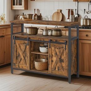 Kitchen cabinet Grey Vintage Brown  sideboard, side cabinet, kitchen cabinet with open shelves, hall cabinet, chest of drawers with louvre doors, living room, dining room, office, hallway, industrial design