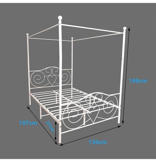 Double Canopy Bed Frame with Vintage Headboard & Footboard, White 135x190cm Double Canopy Bed Frame, 4ft6 Heavy Duty Metal Bed, Heart Scroll Headboard & Footboard, Steel Slats for Bedrooms