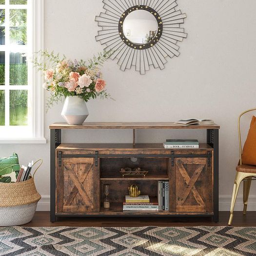 TV cabinet, TV table with 2 sliding doors, TV shelf for TVs up to 60 inches, TV cabinet with adjustable shelves, industrial design, vintage brown-black