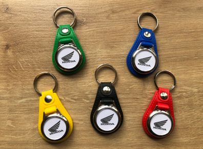 Synthetic leather Honda key ring with shopping trolley token/coin