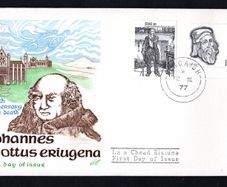 1977 Ireland Anniversaries: Golden Jubilee of the Folklore of Ireland Society (The Shanachie by Jack B Yeats and 1100th Anniversary of Death of Johannes Eriugena (Irish Philosopher) Commemorative Stamps Hibernian First Day cover (FDC) with Corcaigh (Cork)