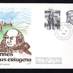 1977 Ireland Anniversaries: Golden Jubilee of the Folklore of Ireland Society (The Shanachie by Jack B Yeats and 1100th Anniversary of Death of Johannes Eriugena (Irish Philosopher) Commemorative Stamps Hibernian First Day cover (FDC) with Corcaigh (Cork)