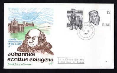 1977 Ireland Anniversaries: Golden Jubilee of the Folklore of Ireland Society (The Shanachie by Jack B Yeats and 1100th Anniversary of Death of Johannes Eriugena (Irish Philosopher) Commemorative Stamps Hibernian First Day cover (FDC) with Corcaigh (Cork)