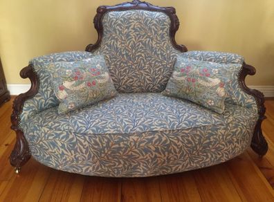 Antique Victorian Mahogany Love Seat - Upholstered in Original William Morris "Willow Bough" Woven Fabric - Arts and Craft