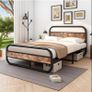King Size Bed Metal Platform Bed Frame with Wood Headboard,Mattress Base,Metal Slat Support, Black and Brown/210X154 Image 8