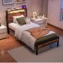 Single Bed Frame with Storage Shelf Headboard & LED Lights,Metal Platform Bed Frame with Charging Station Image 3