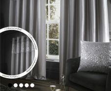 Catherine Lansfield Grey Sequin Eyelet Lined Curtains with matching cushion