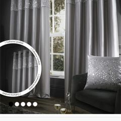 Catherine Lansfield Grey Sequin Eyelet Lined Curtains with matching cushion