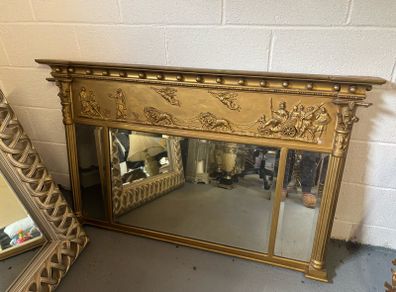 Regency Style Gilt Triptych Overmantel Mirror Classical Roman Frieze