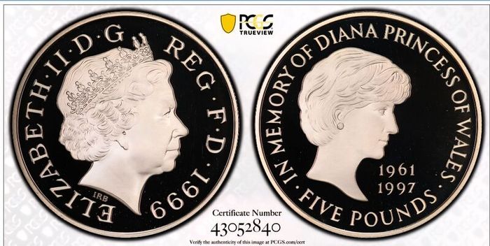 United Kingdom 1999 Silver Proof 5 Pounds Princess Diana Commemorative Coin PCGS PR68DCAM