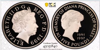 United Kingdom 1999 Silver Proof 5 Pounds Princess Diana Commemorative Coin PCGS PR68DCAM