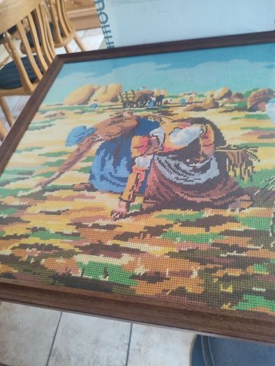 French Vintage Embroidery Picture in a wooden Frame - Women working in the Fields-70s