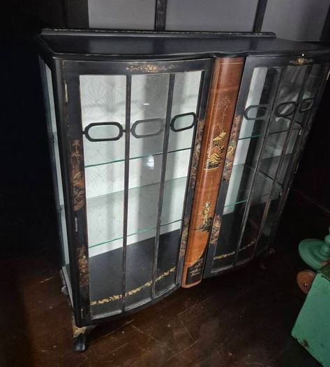 Vintage  Turnige Chinoiserie locking ebonised handpainted cabinet 3 tiers