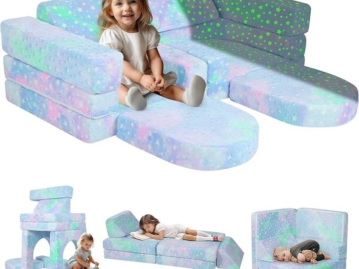 10-Piece Kids Play Sofa, Modular Toddler Chair Couch for Playroom, Fold Out Play Set for Girl Boy, Convertible Sectional Foam Playset, Colorful Star