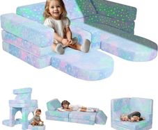 10-Piece Kids Play Sofa, Modular Toddler Chair Couch for Playroom, Fold Out Play Set for Girl Boy, Convertible Sectional Foam Playset, Colorful Star
