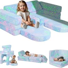 10-Piece Kids Play Sofa, Modular Toddler Chair Couch for Playroom, Fold Out Play Set for Girl Boy, Convertible Sectional Foam Playset, Colorful Star