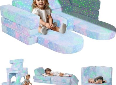 10-Piece Kids Play Sofa, Modular Toddler Chair Couch for Playroom, Fold Out Play Set for Girl Boy, Convertible Sectional Foam Playset, Colorful Star