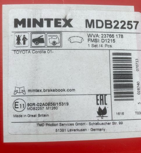 Set of Mintex FT Brake pads Corolla SB1 + JT 02