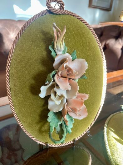 Vintage Pair Genuine Capo di monte 3D Porcelain Floral Wall Plaques with Label