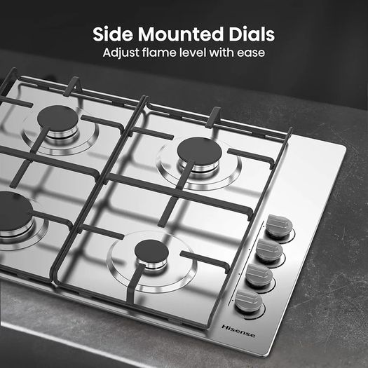 Built-in 60cm Gas Hob - Stainless Steel with 4 Cooking Areas, Easy Clean Surface, One -Hand Ignition, 60 x 52 x 8.9 cm (L x W x H)