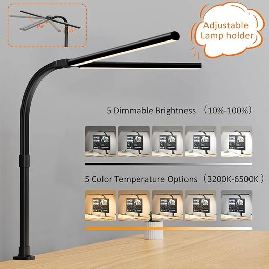 LED Desk Lamp for Study,24W Double Head Desk Lamps Office,Eye Protection Desk Light with Clamp,25 Lighting Modes,Monitor Light Bar for Study/Working/Computer/Reading/Workbench/Painting