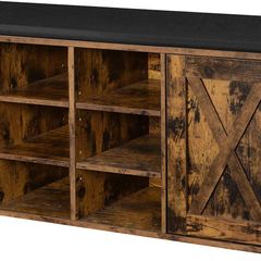 _Shoe bench, storage cupboard, shoe rack with 9 open compartments and a cupboard, with upholstery, 110 x 30 x 48 cm, rustic door, vintage brown