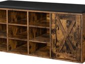 Shoe bench, storage cupboard, shoe rack with 9 open compartments and a cupboard, with upholstery, 110 x 30 x 48 cm, rustic door, vintage brown