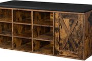 Shoe bench, storage cupboard, shoe rack with 9 open compartments and a cupboard, with upholstery, 110 x 30 x 48 cm, rustic door, vintage brown