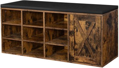 Shoe bench, storage cupboard, shoe rack with 9 open compartments and a cupboard, with upholstery, 110 x 30 x 48 cm, rustic door, vintage brown