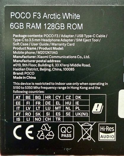 Xiaomi POCO F3 5G 6GB/128GB Arctic White