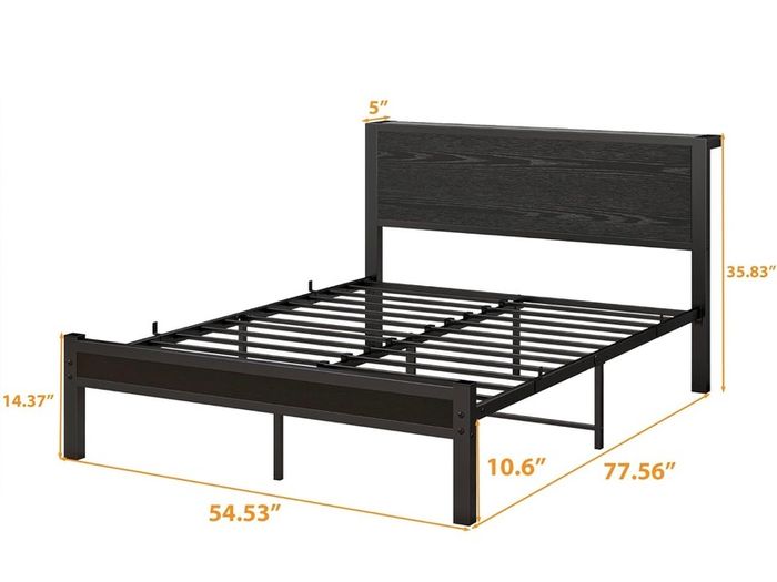 Double Bed Frame with Wooden Storage Shelf Headboard, Metal Platform Bed Frame Double Bed, No Box Spring Needed, Enhanced Support, Black
