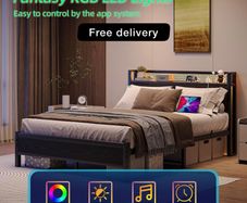 Double Bed Frame with LED Lights Storage Headboard,4ft6