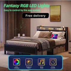 Double Bed Frame with LED Lights Storage Headboard,4ft6