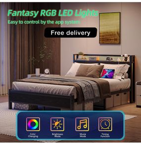 Double Bed Frame with LED Lights Storage Headboard,4ft6